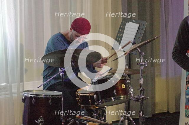 Jorge Rossy, Martin Speake's International Quartet, Watermill Jazz Club, Surrey, 18 Feb 2020. Creator: Brian O'Connor.