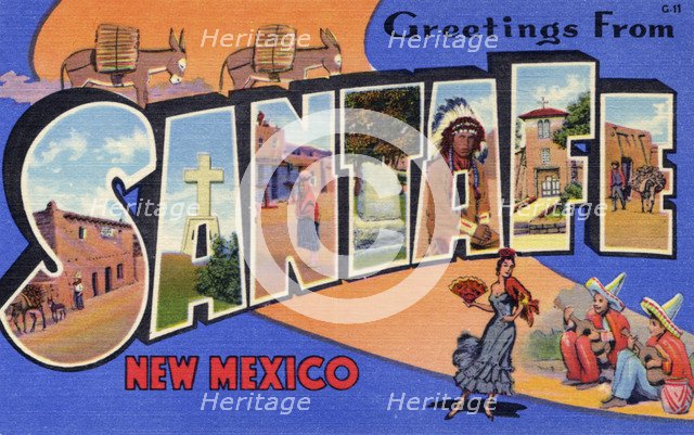 'Greetings from Santa Fe, New Mexico', postcard, 1937. Artist: Unknown