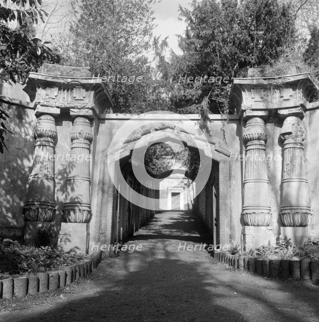 Entrance to Egyptian Avenue in the West Cemetery, Highgate Cemetery, Hampstead, London, 1993. Artist: John Gay.