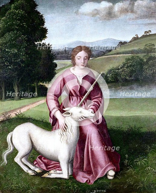 A virgin and a unicorn; representing chastity. Creator: Dosso Dossi.