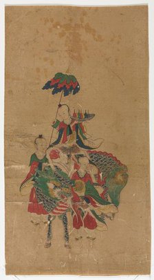 Daoist Immortal on a Kilin and Two Attendants, late 1800s. Creator: Unknown.