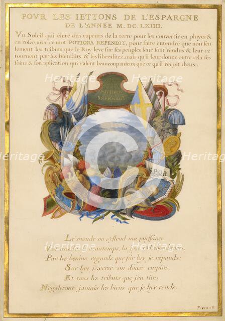 Escutcheon with a Landscape; Nine Emblems for Louis XIV, about 1663-1668. Creator: Jacques Bailly.