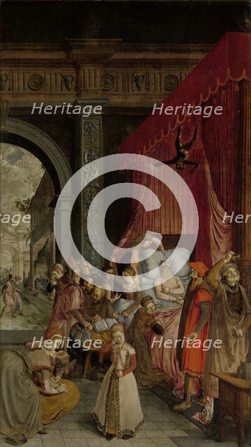 Deathbed of the Rich Man, with a Devil Descending to Retrieve the Deceased's Soul, c.1550-c.1574. Creator: Anon.