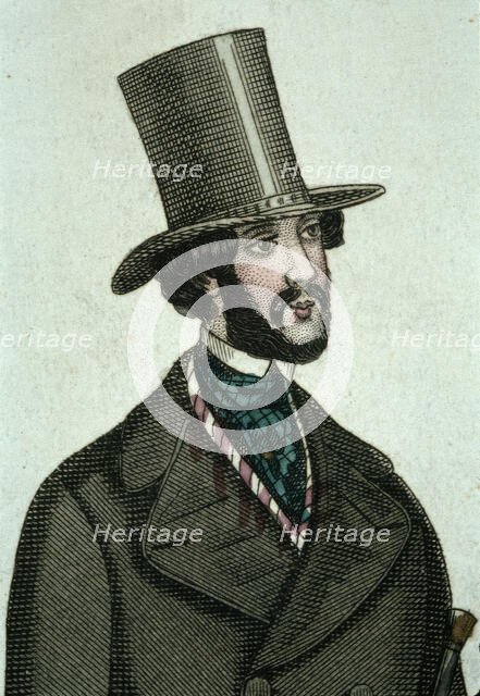Bearded man wearing tall hat and coat with wide lapels, 1843.  Creator: Unknown.