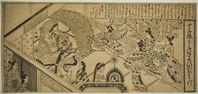 Yoshitsune's Encouter with Princess Joruri, from "The Tale of Joruri in Twelve..., c. 1684/1704. Creator: Sugimura Jihei.