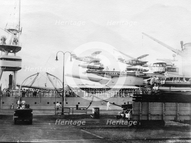 Seaplanes on board a US Navy warship, Navy yard, Balboa, Panama, 1931. Artist: Unknown