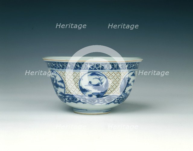 Reticulated blue and white bowl, China, 1600-1644. Artist: Unknown