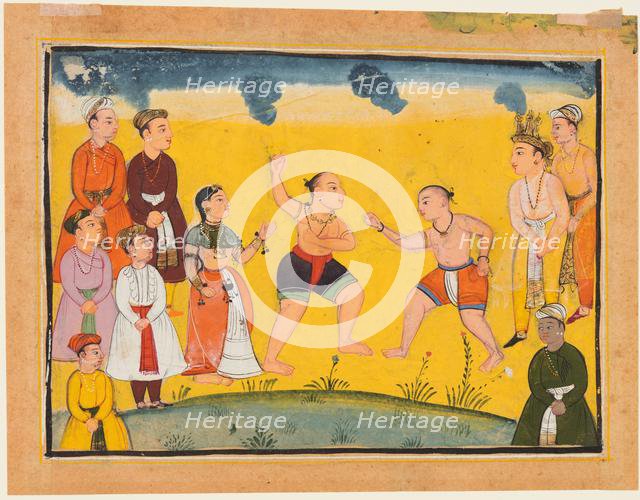 A page from the Mahabharata: Bhima fighting with Jayadratha, c. 1615. Creator: Unknown.