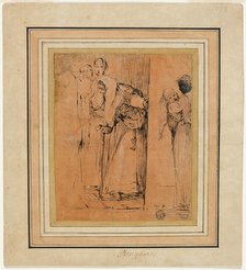 Old Woman with Cane in Door, with Black Maid Holding Child, and Other Figures, c. 1580. Creator: Unknown.