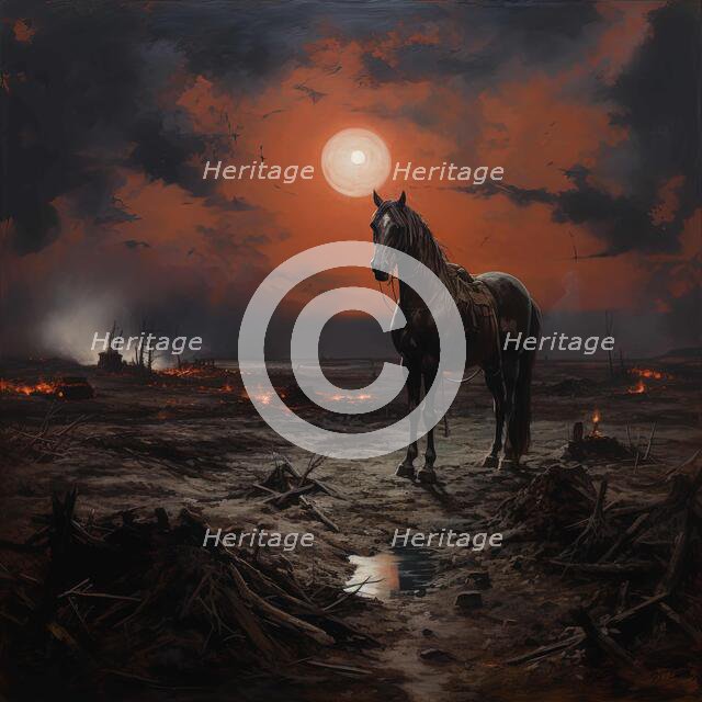 AI IMAGE - Illustration of a horse in a World War I battlefield setting, 2023. Creator: Heritage Images.