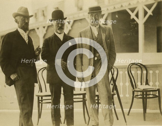 Three men, probably journalists, full-length portrait, facing front, 1905. Creator: Unknown.