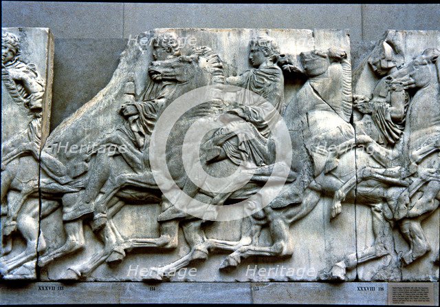 West frieze of the Parthenon representing some riders with companions preparing for the Parrathen…