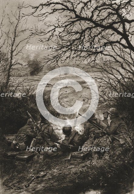 'Dans la Bataille; Les troupes d'assaut allmandes, avancant en terrain decouvert, sont.... Creator: Unknown.