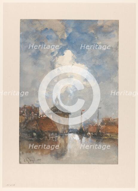 Harbour view with ships and a round tower, 1895. Creator: Johannes Gysbert Vogel.