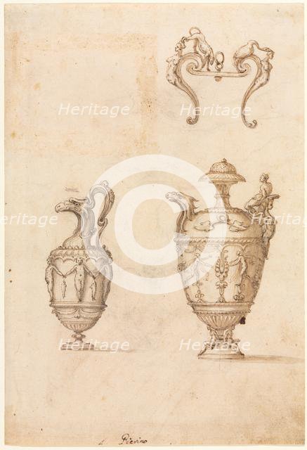 Design for Two Vases and an Ornament (recto), mid 1500s. Creator: Luzio Romano (Italian, active 1528-75).