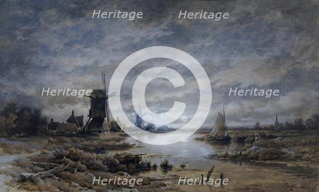 Moonlit night (canal landscape with windmills and ships), undated. Creator: Remigius Adrianus Haanen.