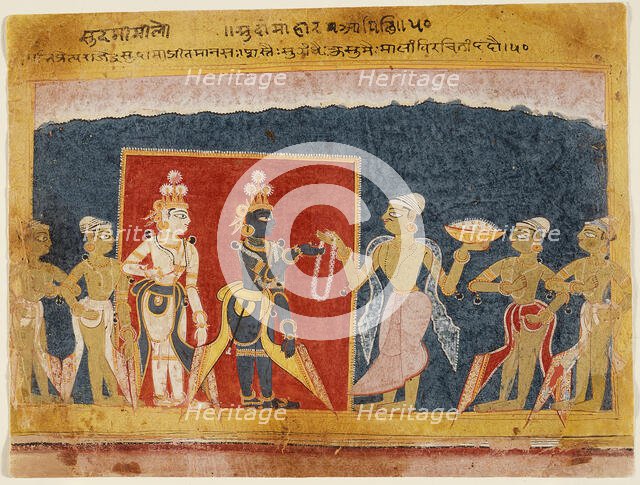 Sudama Offers a Garland to Krishna, Folio from a Bhagavata Purana..., between 1550 and 1575. Creator: Unknown.