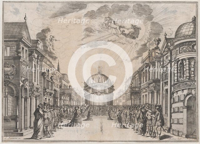 A large gathering of people in the street as a goddess races across the sky in a chariot l..., 1674. Creator: Mathäus Küsel.