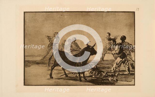 La Tauromaquia: The Rabble Hamstring the Bull with Lances, Sickles, Banderillas and..., 1815-1816. Creator: Goya, Francisco, de (1746-1828).