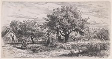 Picking fruit from tree outside cottage, ca. 1852. Creator: Charles Emile Jacque.