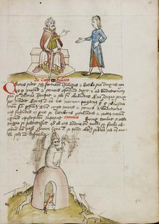 An Elderly Man Speaking to a Younger Man: A Cat with a Bishop's..., third quarter of 15th century. Creator: Unknown.