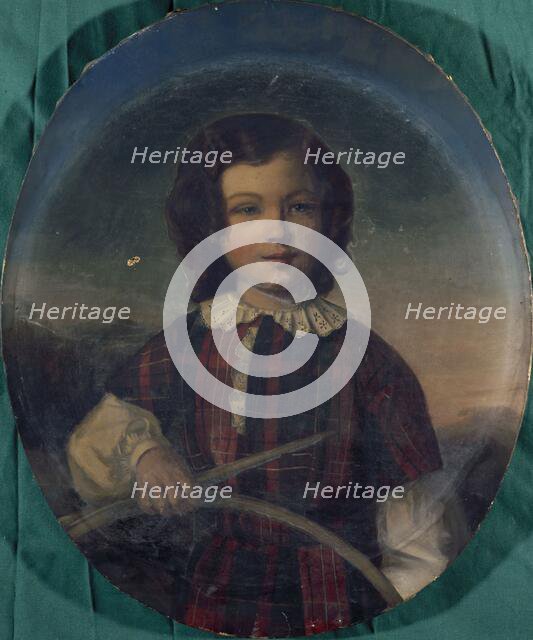 Portrait of a young boy in Scottish costume holding a hoop, between 1801 and 1900. Creator: Unknown.