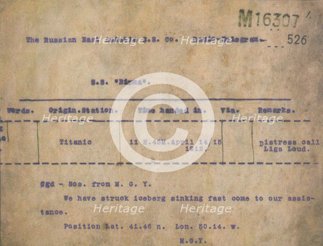 Titanic - Iceberg Telegram, 1912. Artist: Unknown.