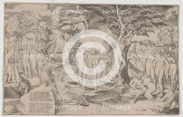 Cupid in the Elysian Fields tied to a tree in the centre, surrounded by many figures, 1563., 1563. Creator: Giulio Bonasone.