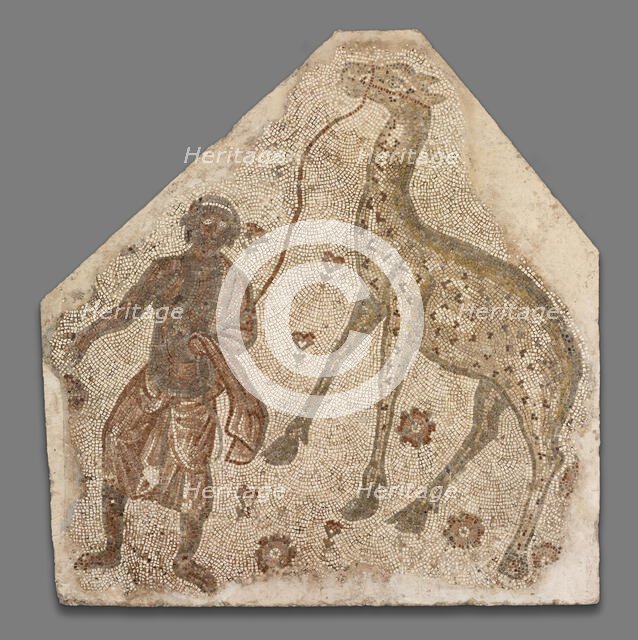 Mosaic Fragment with Man Leading a Giraffe, 5th century. Creator: Unknown.
