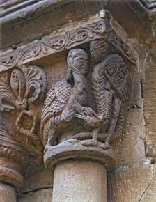 Capital with anthropomorphic decoration on the outside of one of the galleries of the cloister of…