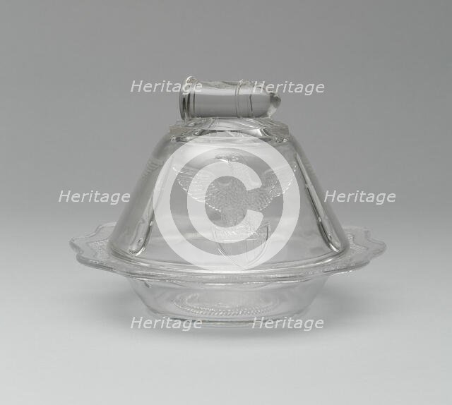 Bullet & Emblem pattern covered butter dish, 1870/1900. Creator: Unknown.