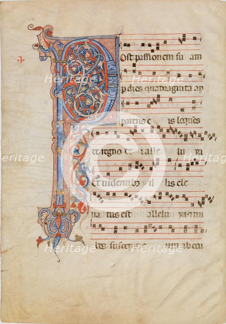 Manuscript Leaf with Foliated Initial P, from an Antiphonary, ca. 1250-60. Creator: Unknown.