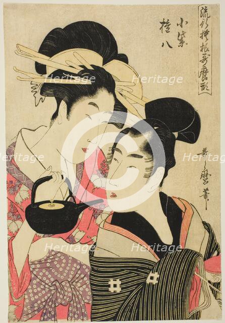 Komurasaki and Gonpachi, from the series "Fashonable Patterns in Utamaro Style (Ryuko..., c1798/99. Creator: Kitagawa Utamaro.