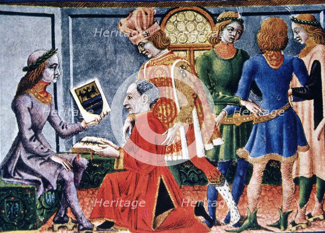 Emperor Frederick III receiving from the astronomer G. Bianchini the book 'Tabulae Astrologiae', …