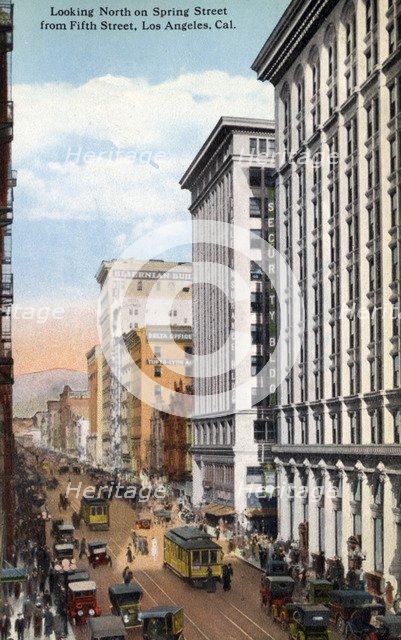 Looking north on Spring Street from 5th Street, Los Angeles, California, USA, 1915. Artist: Unknown