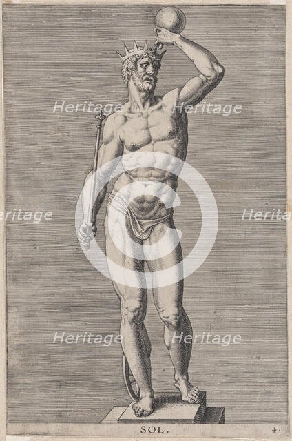 Plate 4: Apollo; statue of the nude god standing on a socle, wearing a crown and holding a..., 1586. Creator: Philip Galle.