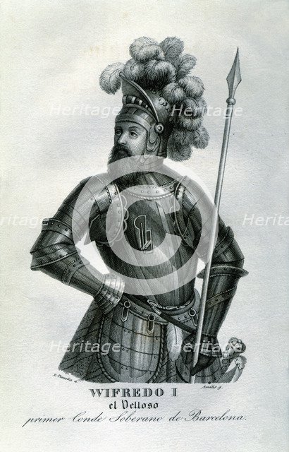 Guifre I 'the Hairy' (840 - 897), count of Cerdanya, Urgell, Barcelona, Girona and Besalú, engrav…