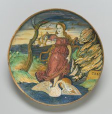 Shallow bowl on low foot with the muse Clio riding on a swan through a watery...c. 1535/1540. Creator: Giorgio Andreoli workshop.