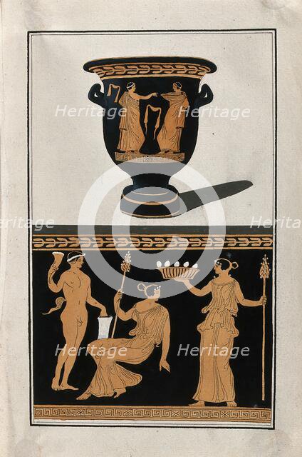 Above, red-figured Greek wine bowl (bell-krater); below, detail of decoration showing a..., 1760-9. Creator: Augustin Dahlsteen.