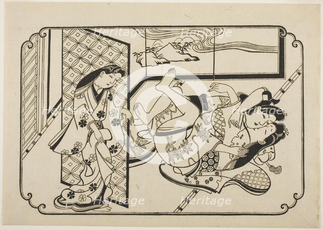 A Courtesan with Her Client, the first sheet of an untitled erotic picture album, c. 1673/81. Creator: Hishikawa Moronobu.