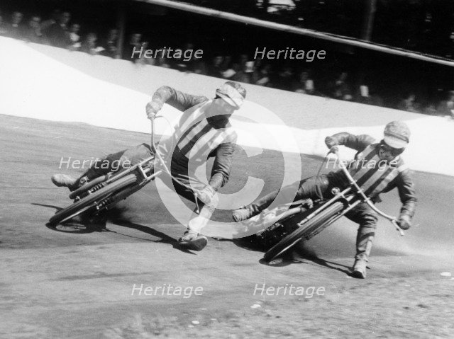 Dick Bradley (on the left) and Alby Golden at a speedway track, Exeter, c1952-c1953. Artist: Unknown