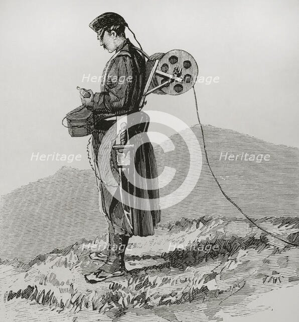 Telegraphist engineer receiving and transmitting dispatches during the march, in the Army..., 1878. Creator: Bernardo Rico.