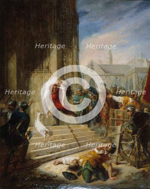 Quasimodo sauvant la Esmeralda des mains de ses bourreaux, 1832. Creator: Eugenie Henry.