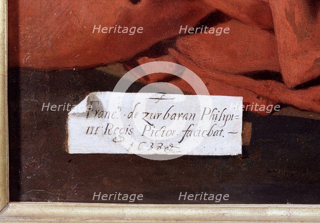 Detail of the signature of the painter Francisco de Zurbaran in the 'Adoration of the shepherds' …