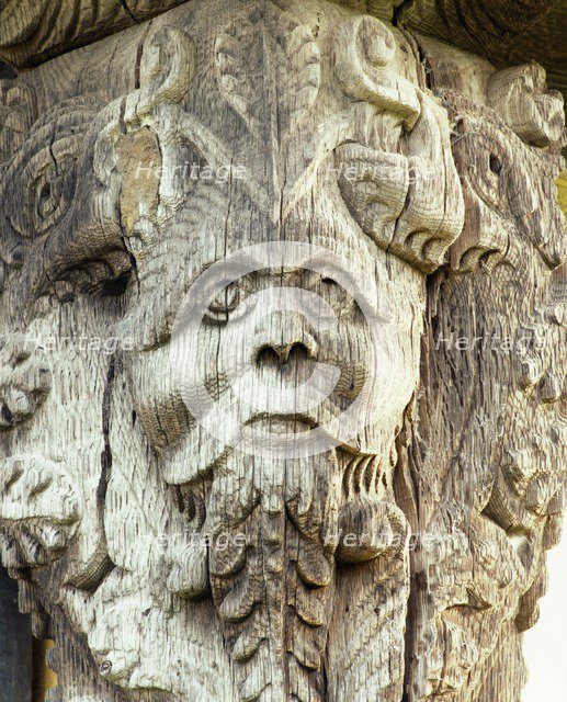 Carved head on the 17th century gatehouse corner post, Stokesay Castle, Shropshire, c2000s(?). Artist: Unknown.