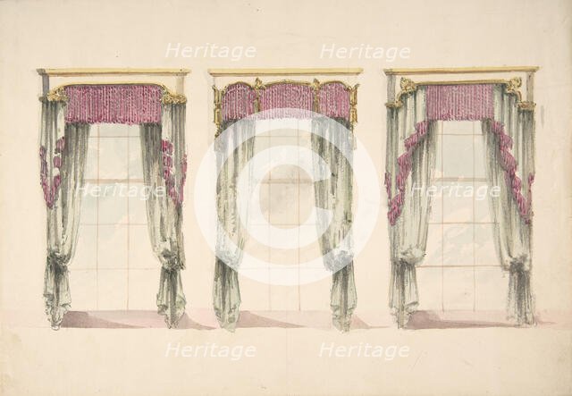 Design for Gray Curtains with Pink Fringes, and White and Gold Pediments, ca. 1820. Creator: Anon.