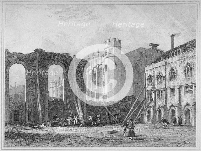 West view of Christ's Hospital, with ruins of some of the old buildings, City of London, 1825. Artist: Anon