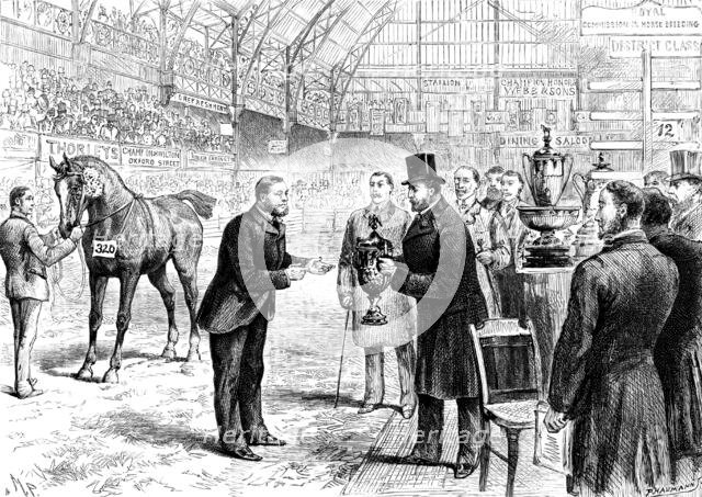 London House Show: the Prince of Wales presenting cup to Mr. Moore for his Hackney horse Rufus, 1890 Creator: P Naumann.