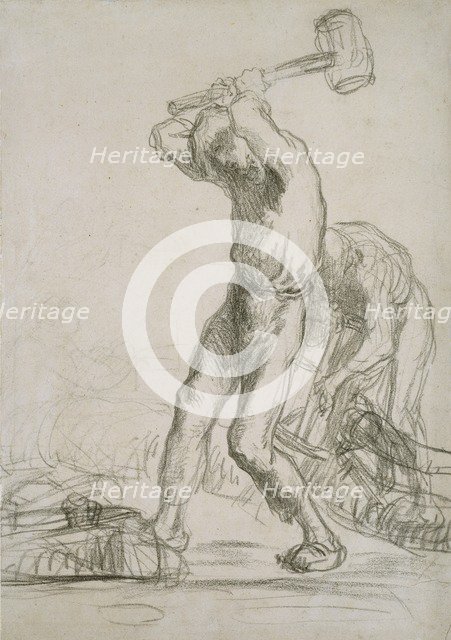 Two Peasants sawing and splitting Wood, c1850-1851. Artist: Jean Francois Millet.