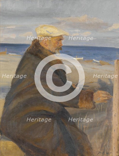 Michael Ancher painting on the beach, 1901. Creator: Anna Kirstine Ancher.